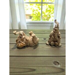 Mini Elephant Figurines Pair Resin Safari Decor Cute Shelf Sitters 2” Vintage